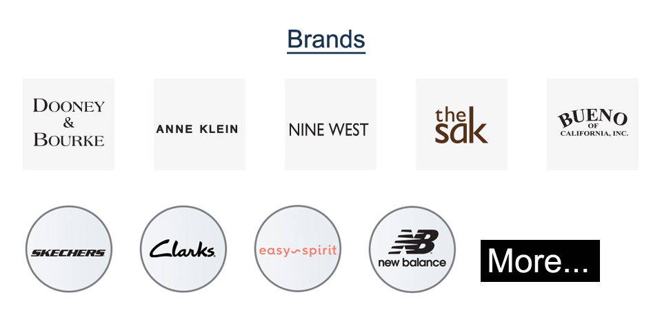 Brand icons include Dooney & Dourke, Anne Klein, Nine West, the sak, Bueno of california, skechers, clanks, easy-spirit, new balance.